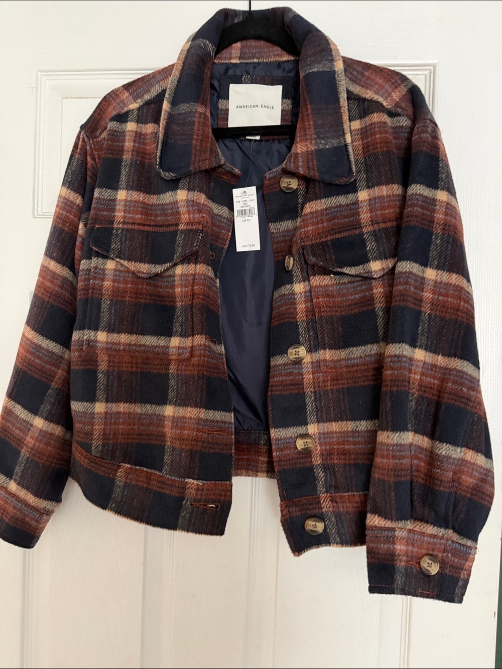 American Eagle Outfitters womens Plaid Wool-Blend Jacket in Navy & Brown